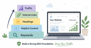 Simple SEO foundation for beginners showing keywords, content, links and traffic