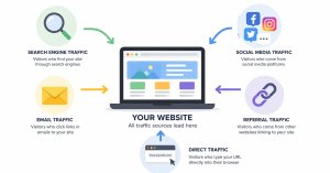 How to increase website traffic types including SEO, social media, email and referral traffic