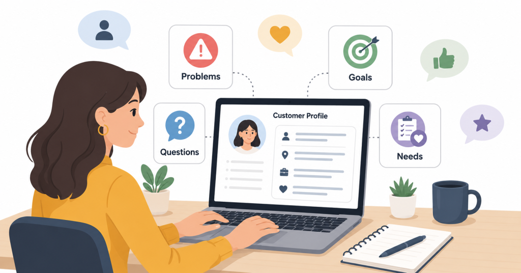 Customer profile showing audience problems, goals, questions, and needs.