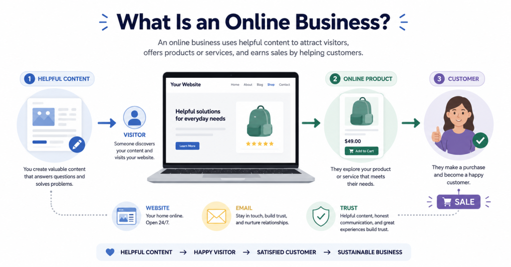 Simple diagram showing how an online business connects content, customers, and offers.